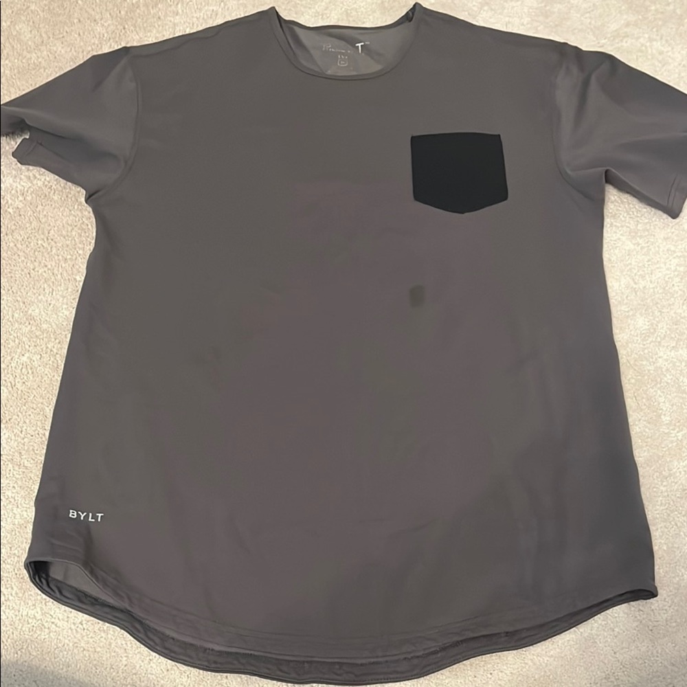Gray and Black Short Sleeve Tee with Relaxed Fit and Curved Hem